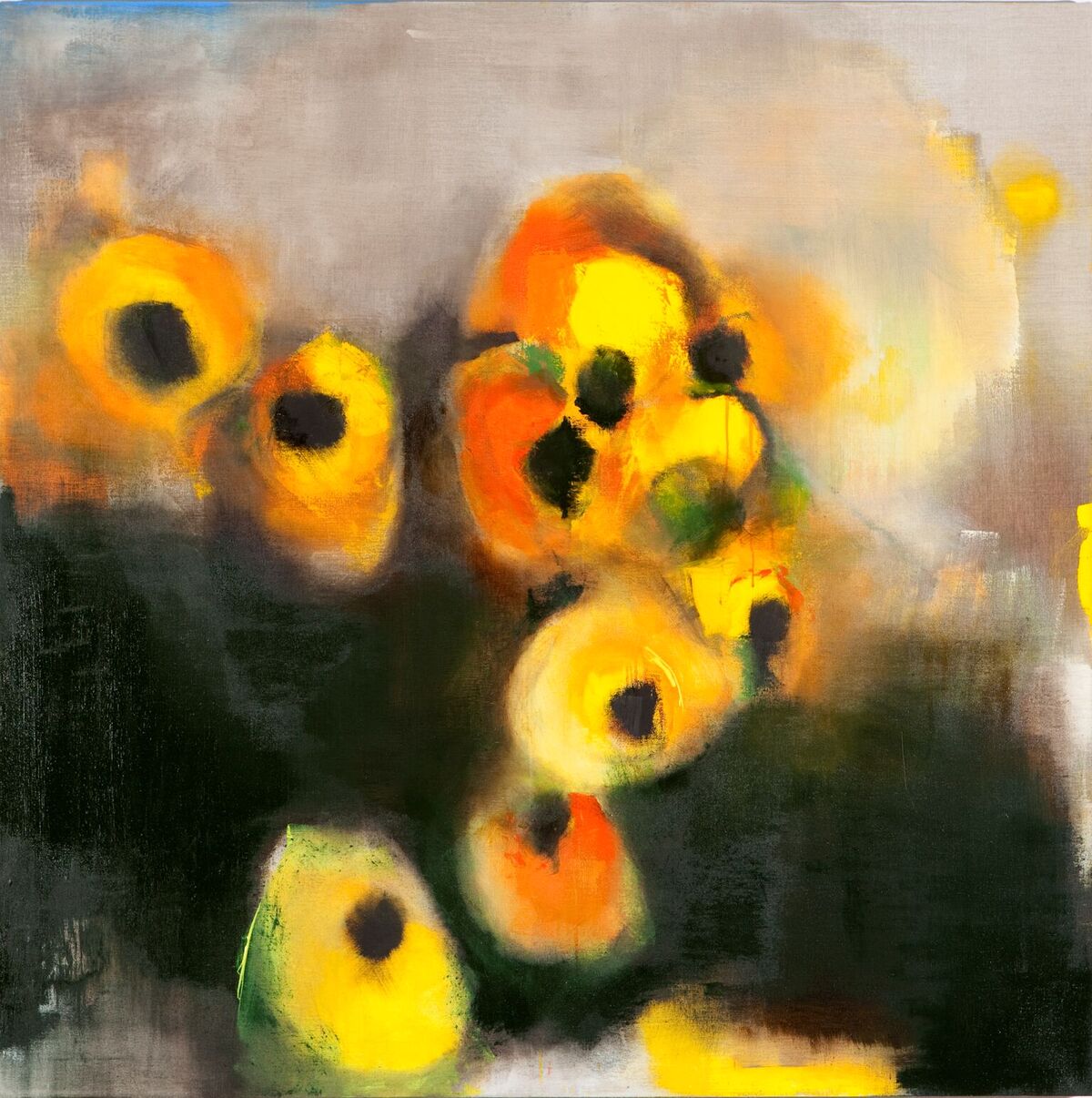 Clea van der Grijn, Reconstructing Memory, Marigold Field 7,multimedia and oil on stretched canvas, 152 x 152 cm
